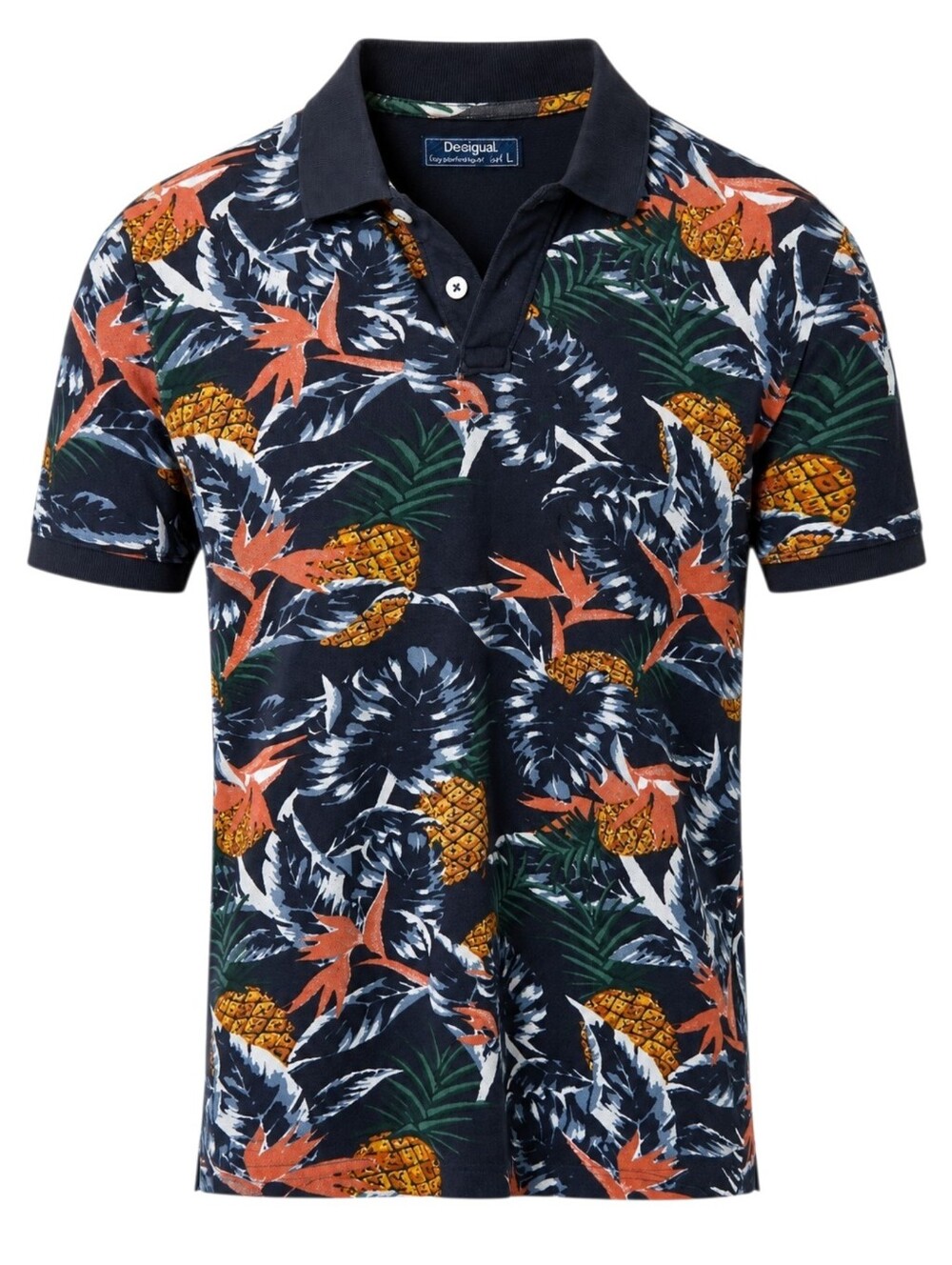 Desigual Polo Shirt Men Large Navy Cotton Pineapple Tropical Print
